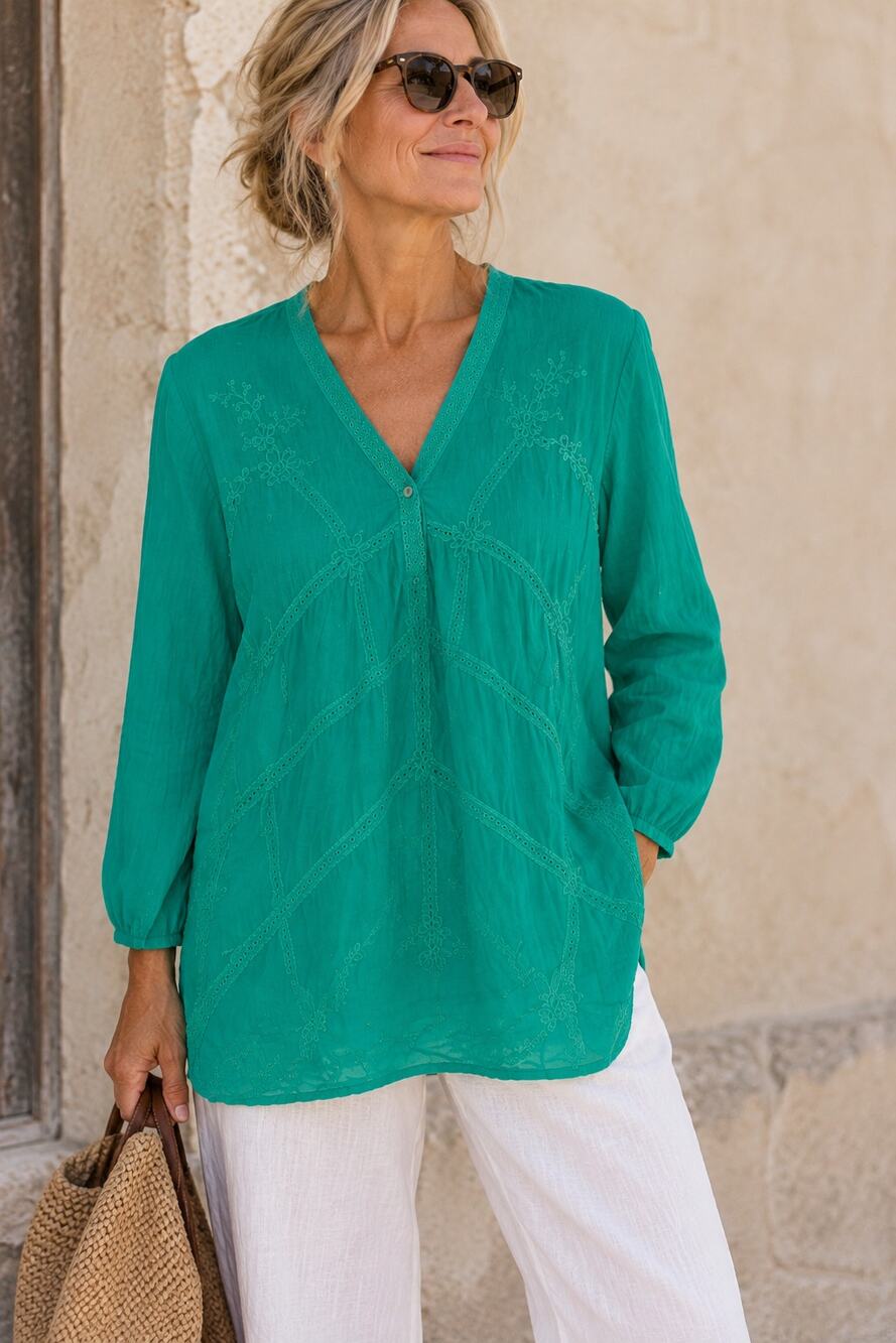 Johnny Was Tunic Size Small Aqua Popover VNeck Roll Tab Sleeves Boho Embroidered